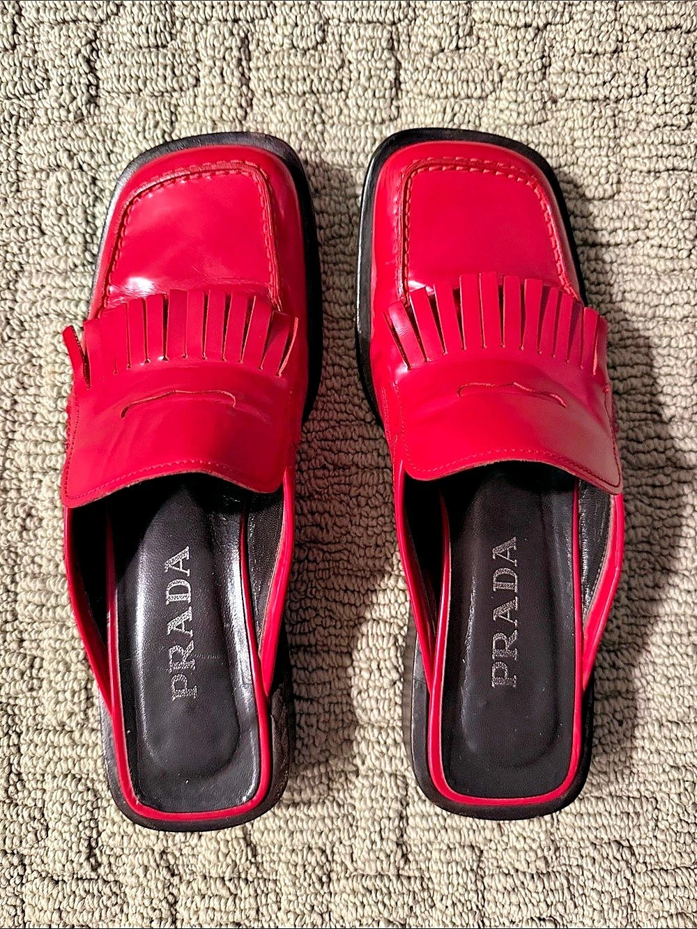 Prada Vintage Red Leather Fringe Mule Loafers - Picture 3 of 6
